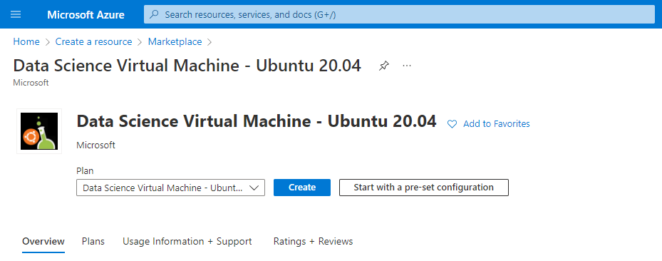 Screenshot that shows the create resource page for a Data Science Virtual Machine - Ubuntu 20.04.