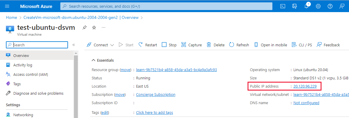 Screenshot that shows the VM overview page.