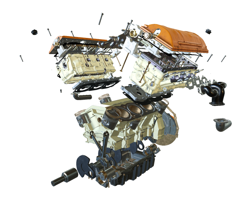 Rendering of an internal combustion engine with its internal detail exposed.