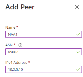 Screenshot of the Add Peer section with Name, ASN, and IPV4 address boxes filled in.