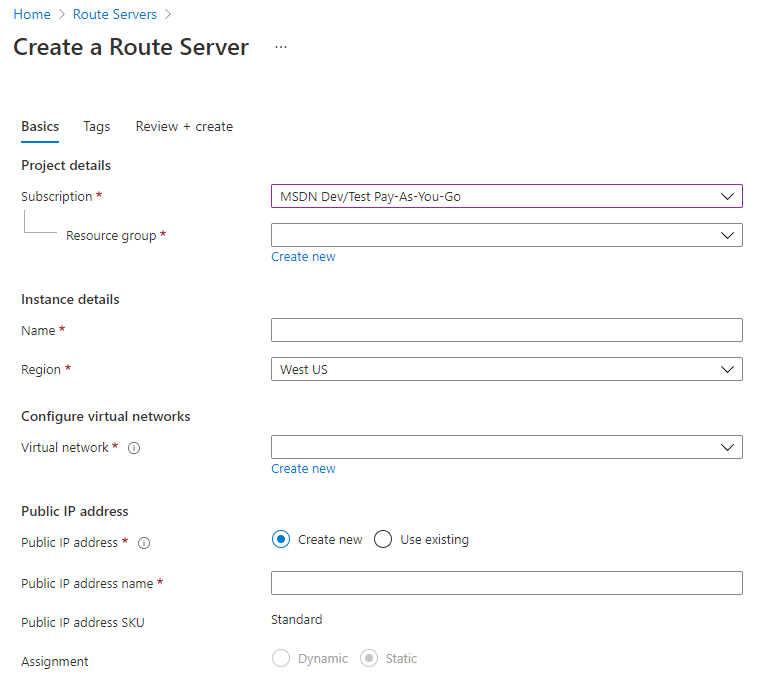 Screenshot of the create a route server page with the Basics tab selected.