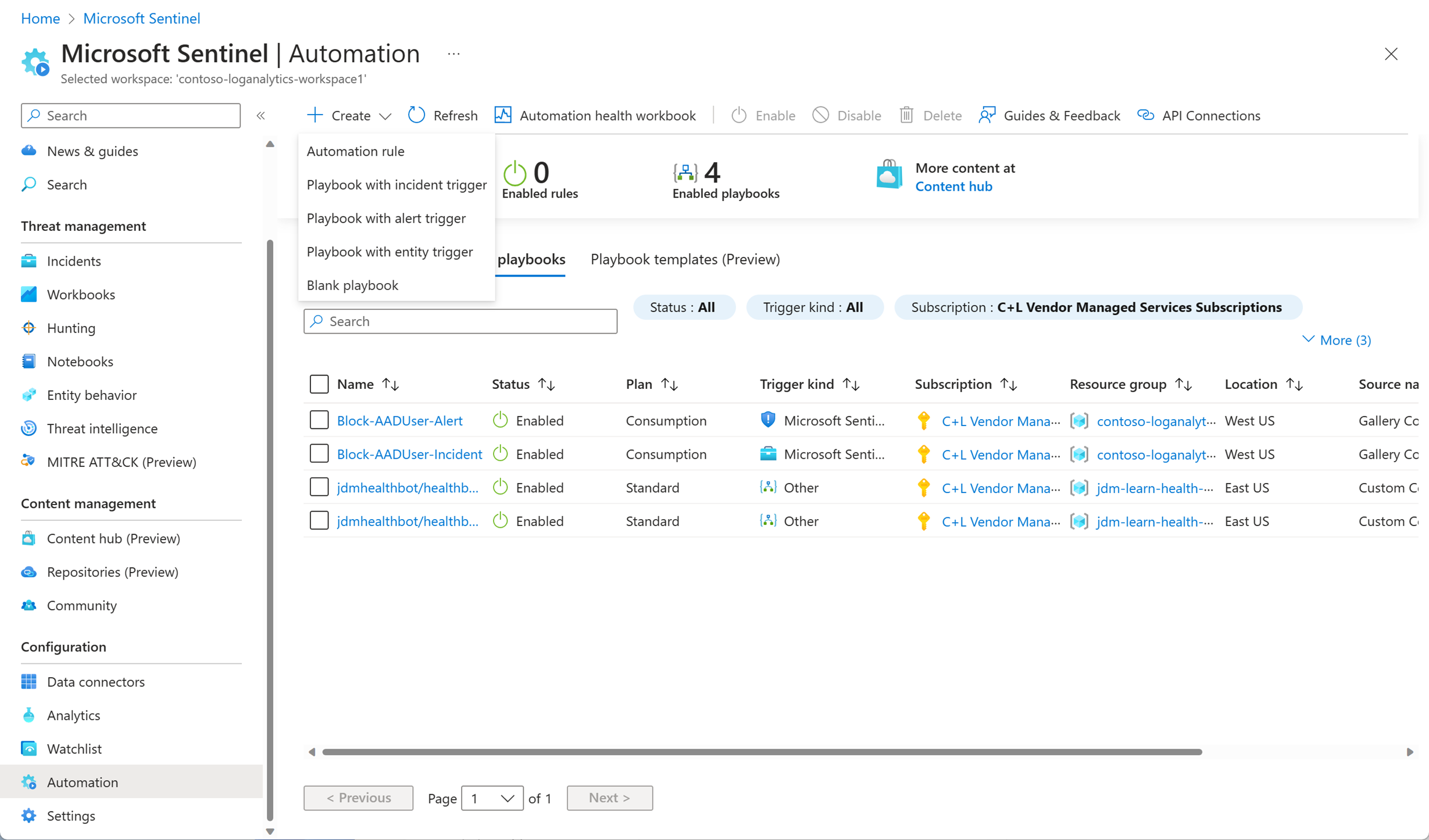 Screenshot showing a Microsoft Sentinel Automation, with the Create options highlighted.