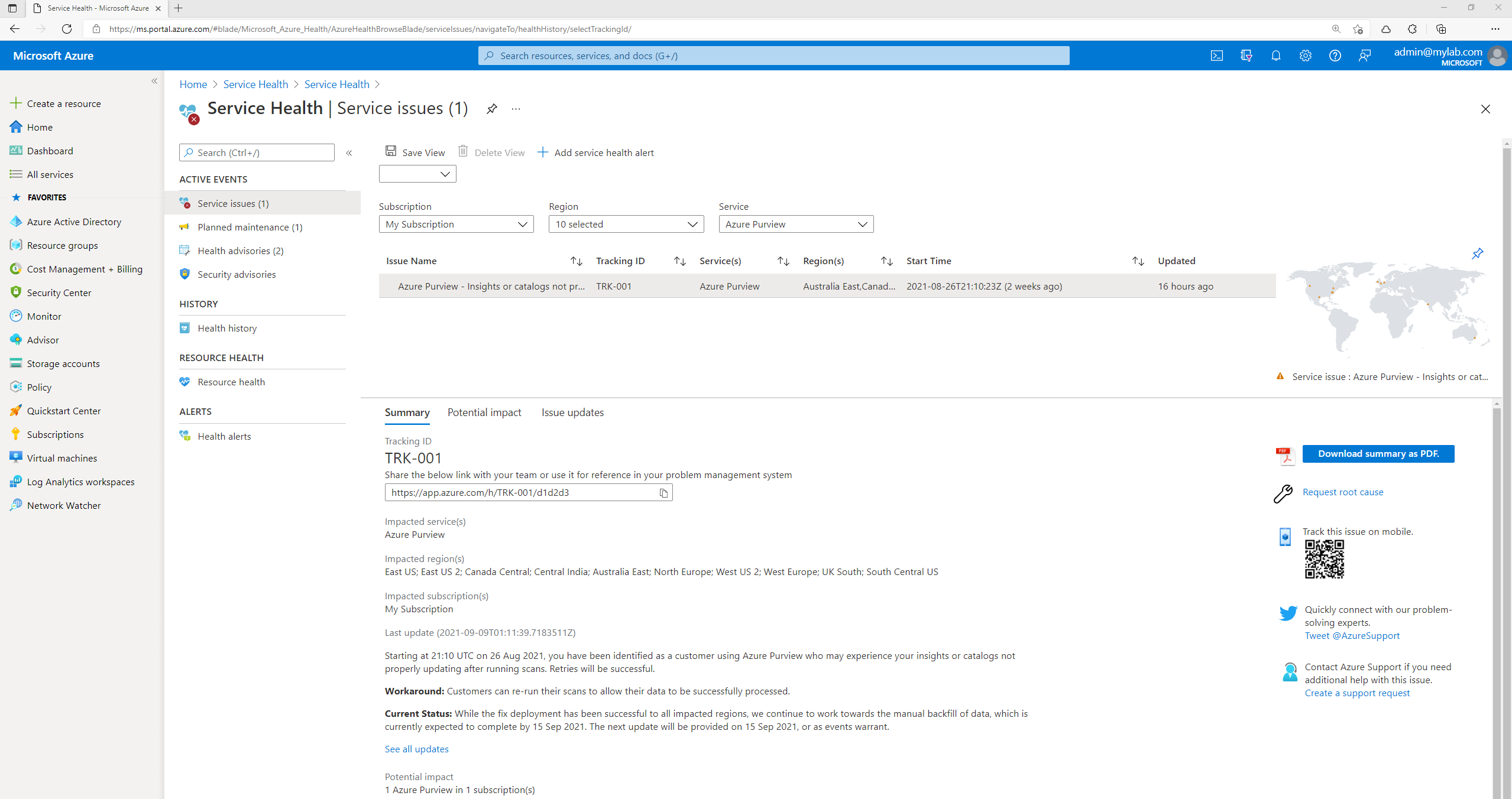 Screenshot of Azure Service Health showing the overall information provided