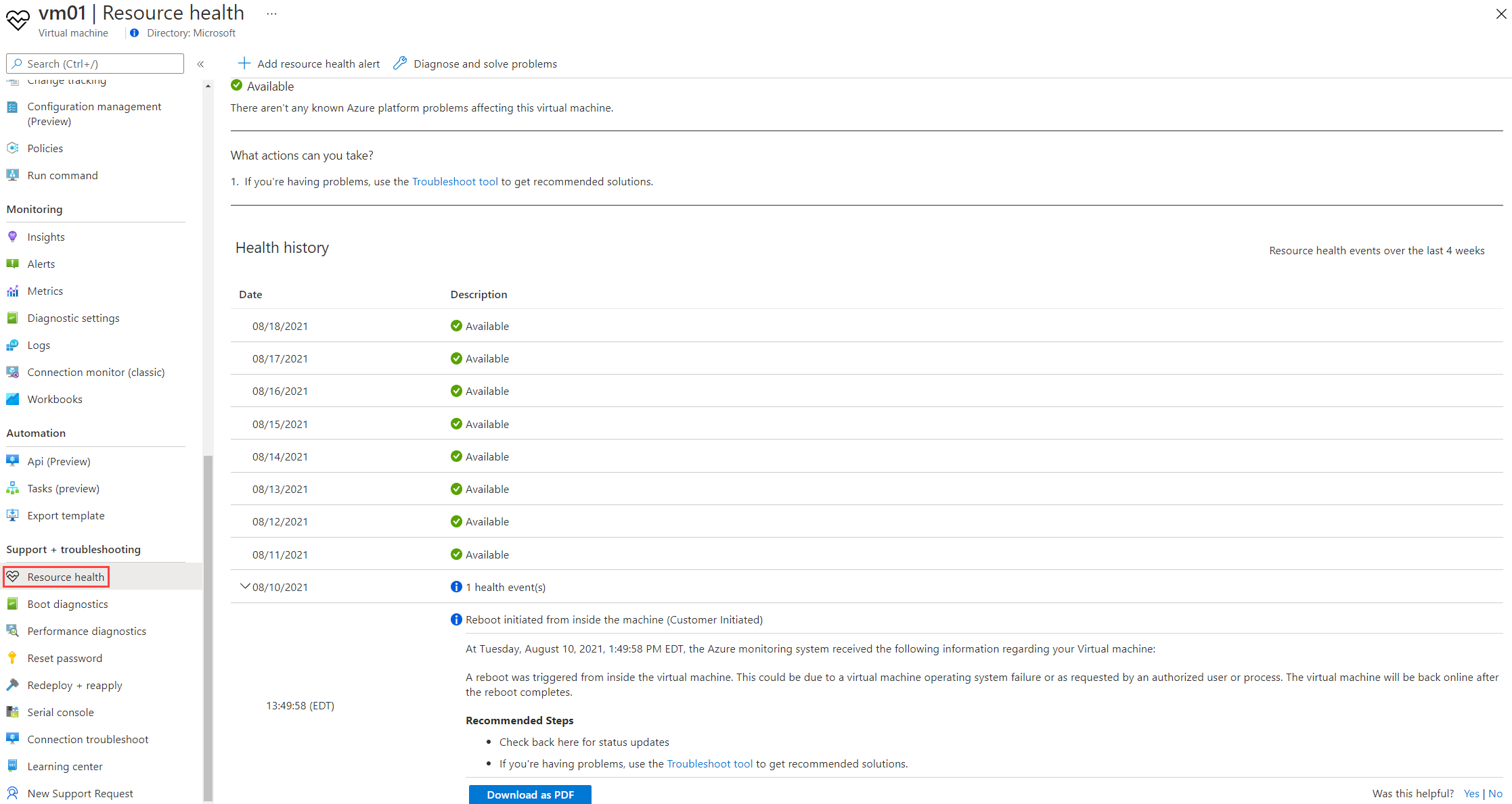 Screenshot of Azure Resource Health with the health history of a specific virtual machine