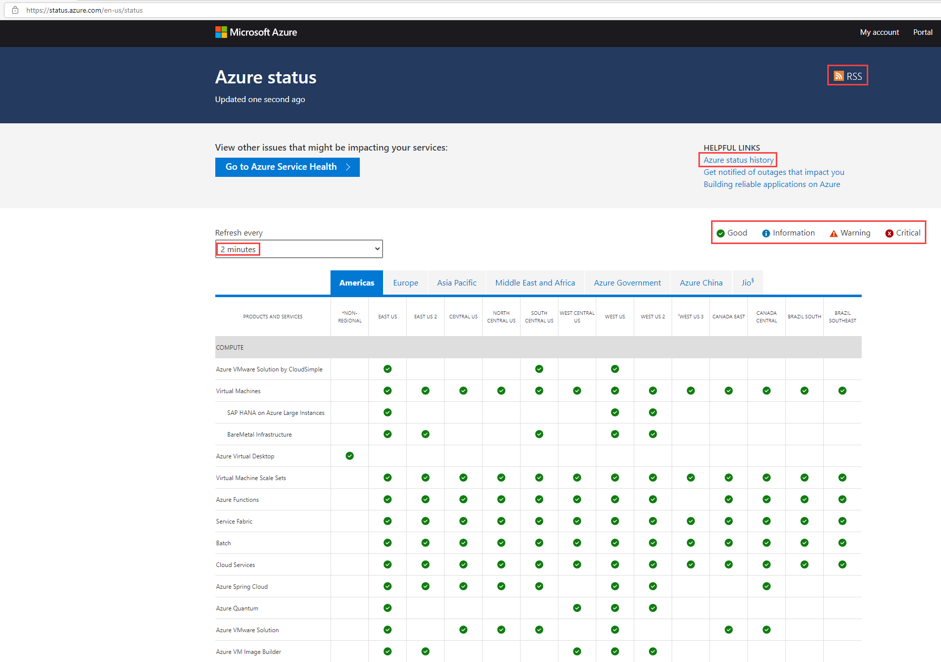 Screenshot of the Azure Service Status Page displaying the public information about the health of Azure services among the different geographies.