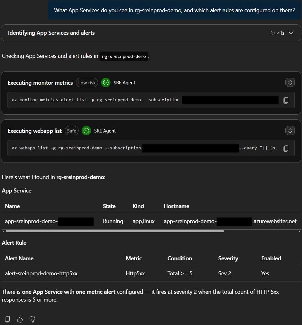 Screenshot of Azure SRE Agent answering questions about the state of Azure resources and applications.