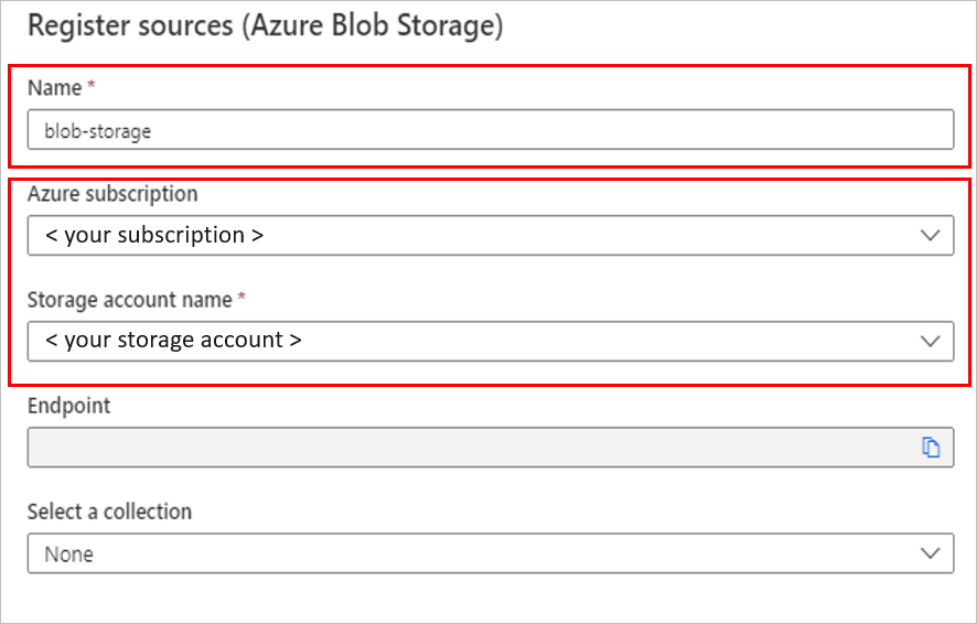 Screenshot that shows the dialog to register an Azure Blob Storage source for Microsoft Purview. The dialog has entries for a name, Azure subscription name and storage account name, an endpoint, and a collection to which to add the source.