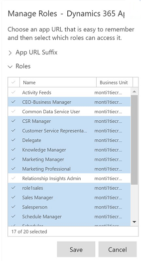 Screenshot showing the list of roles in Manage Roles.