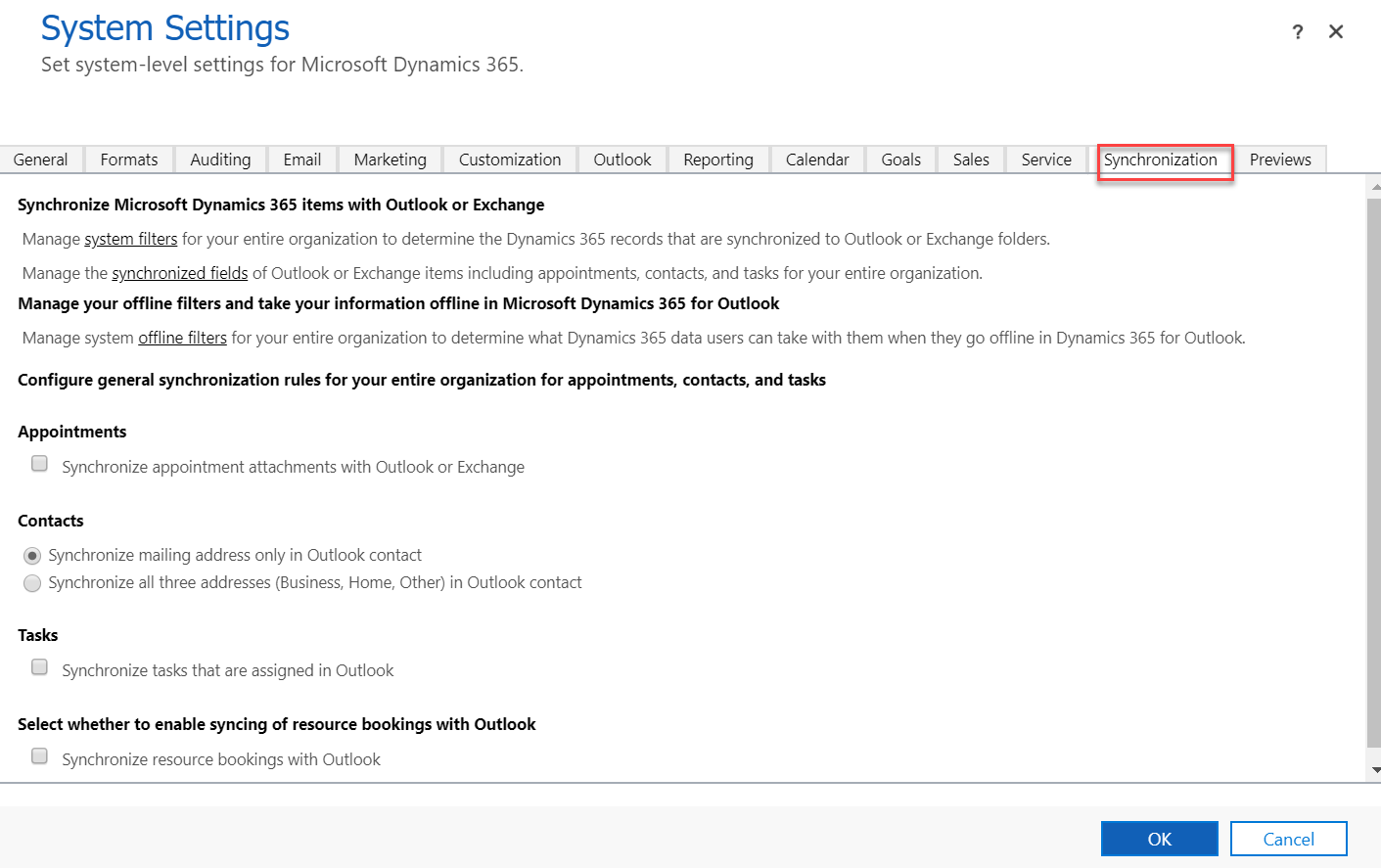 Screenshot of the synchronization tab in System Settings.