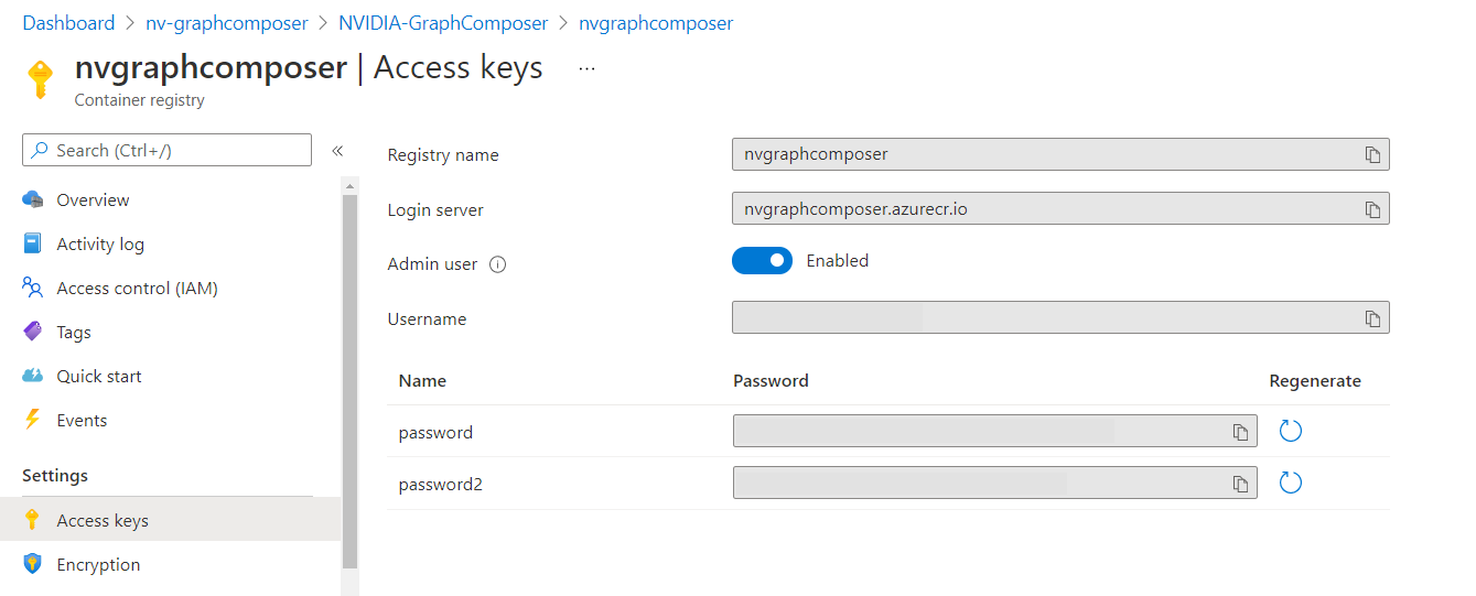 Screenshot that shows the Container Registry Access keys.