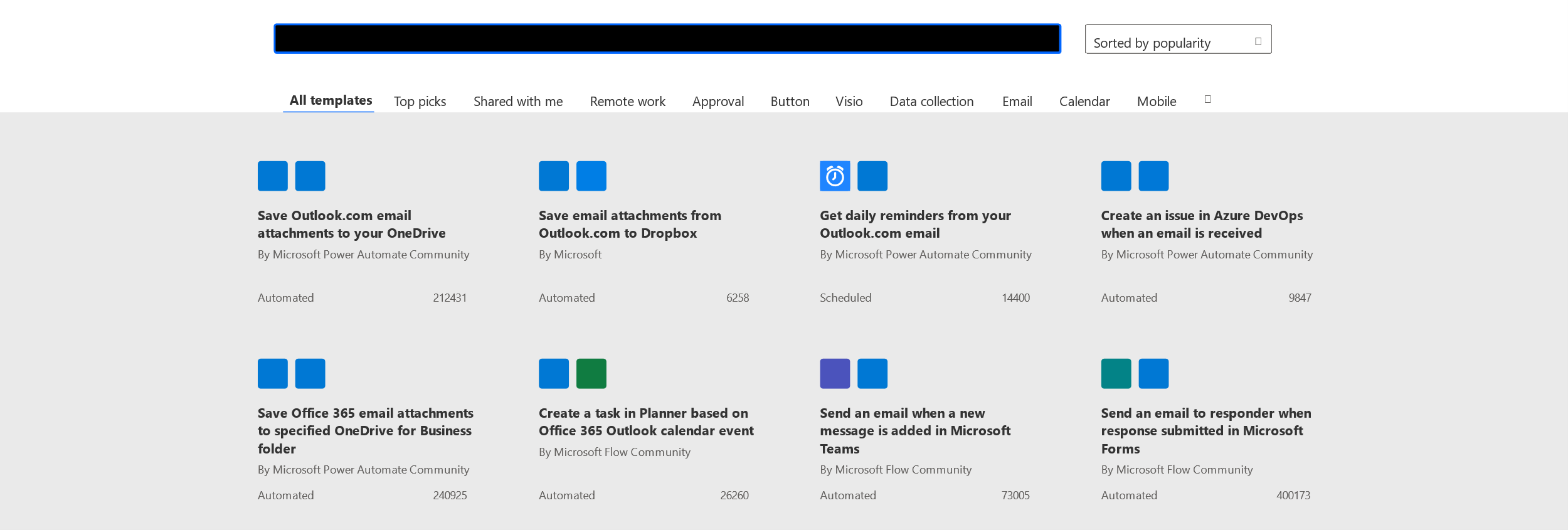 Screenshot of list of Outlook flows.
