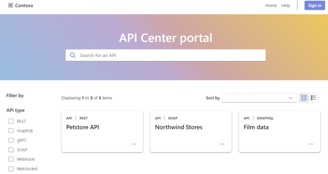 Screenshot showing API Center web-based portal