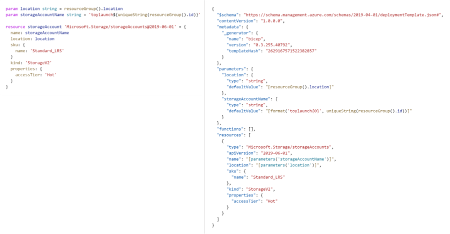 Comparison showing Bicep code on the left and the corresponding JSON code on the right.