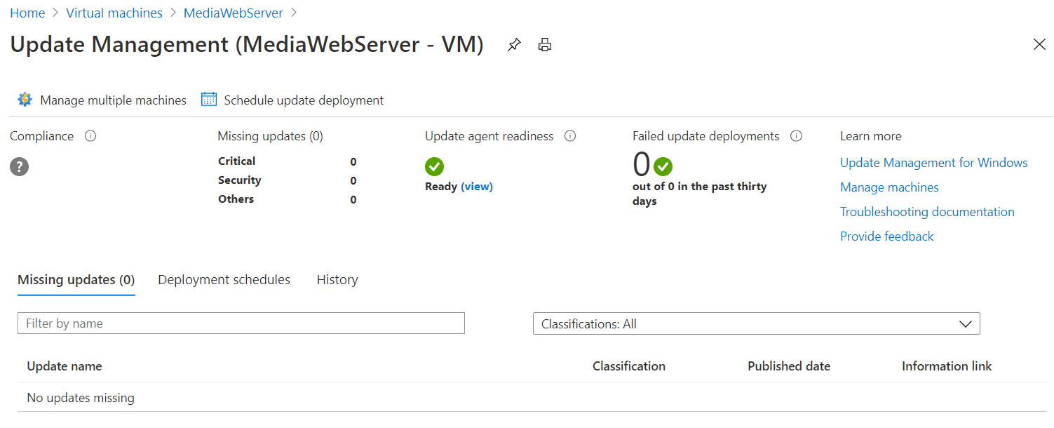 Screenshot of the Update management page that shows the status of updates for the VM.