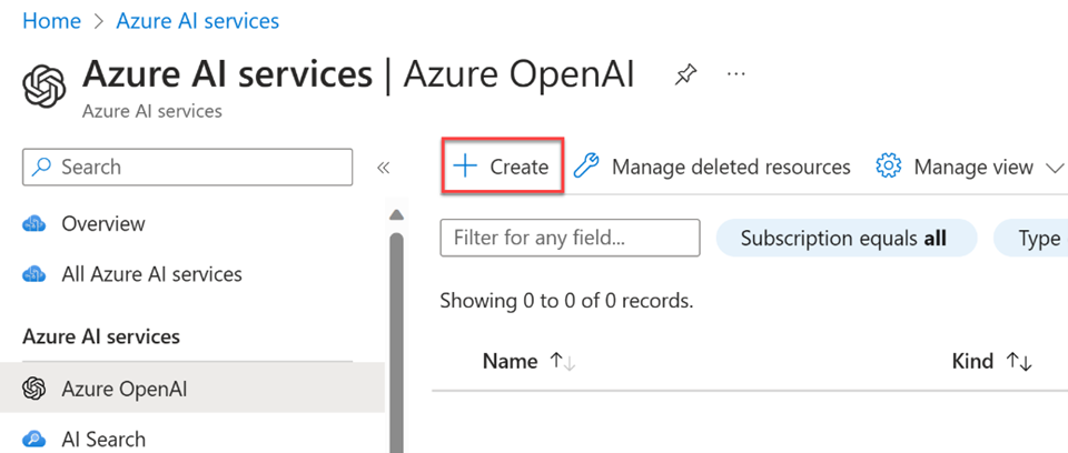 Screenshot from the Azure portal with create Azure OpenAI highlighted in a red box.