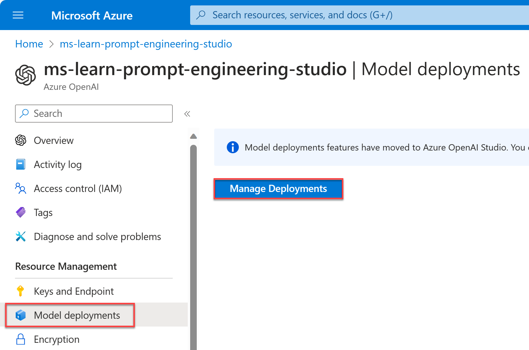 Screenshot of the Azure portal, showing the newly created OpenAI resource. The model deployments and manage deployments buttons are highlighted with red boxes.