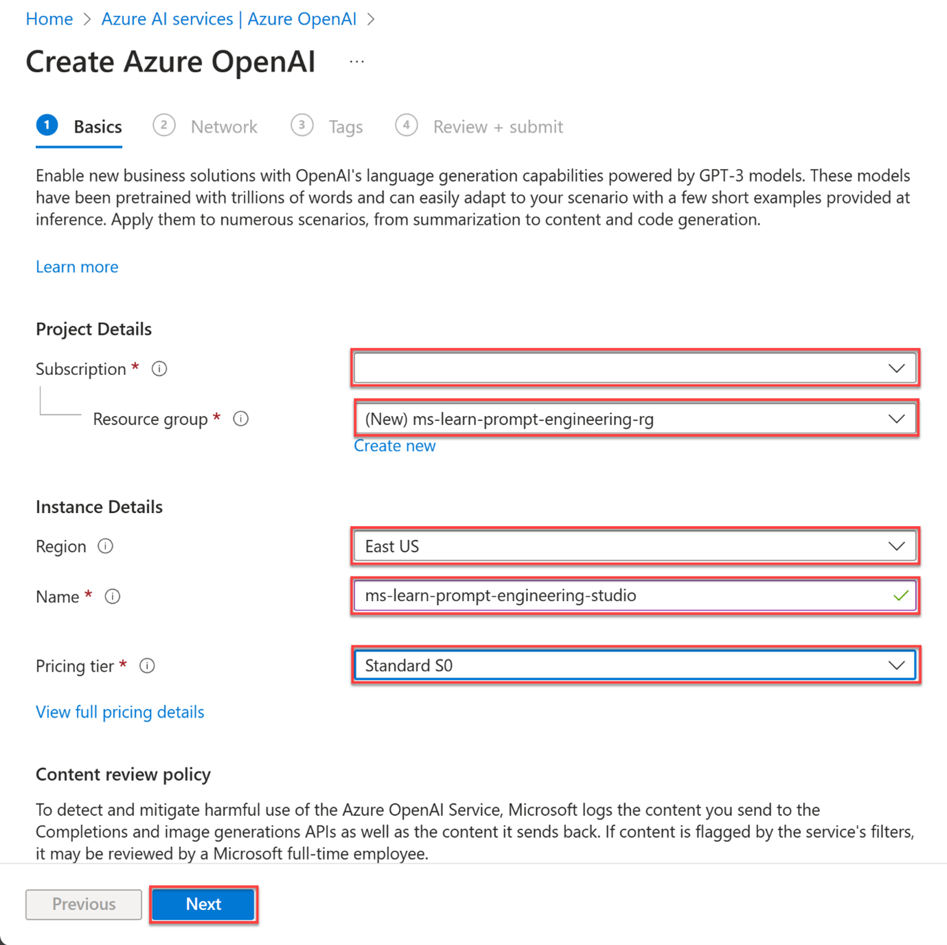 Screenshot from the Azure portal with configuration basic details of Azure OpenAI highlighted in red.