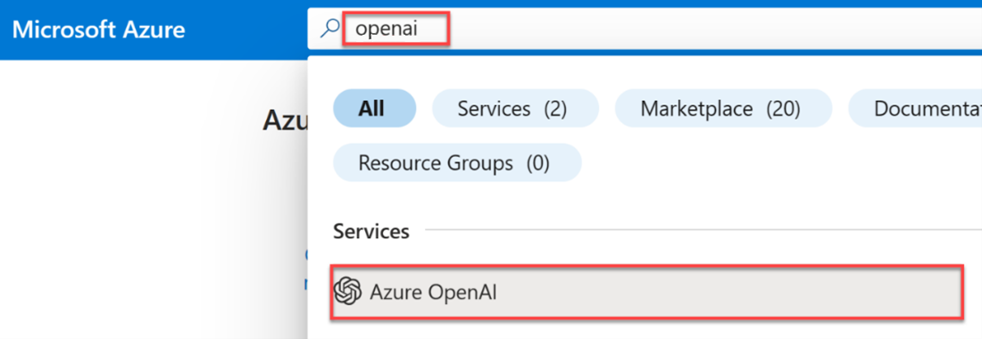 Screenshot from the Azure portal with the search word, openai, and the search result, Azure OpenAI, highlighted in a red box.