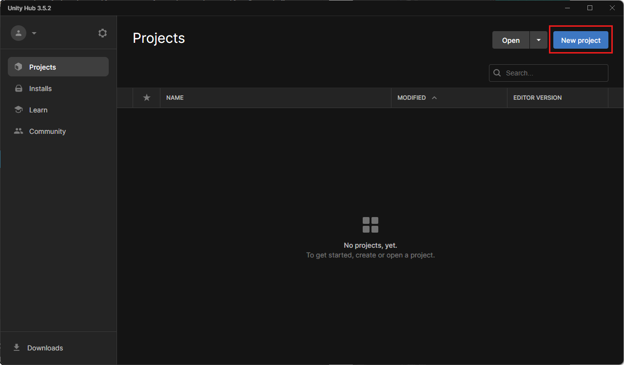 Screenshot of Unity Hub in Projects tab with the New Project button highlighted.