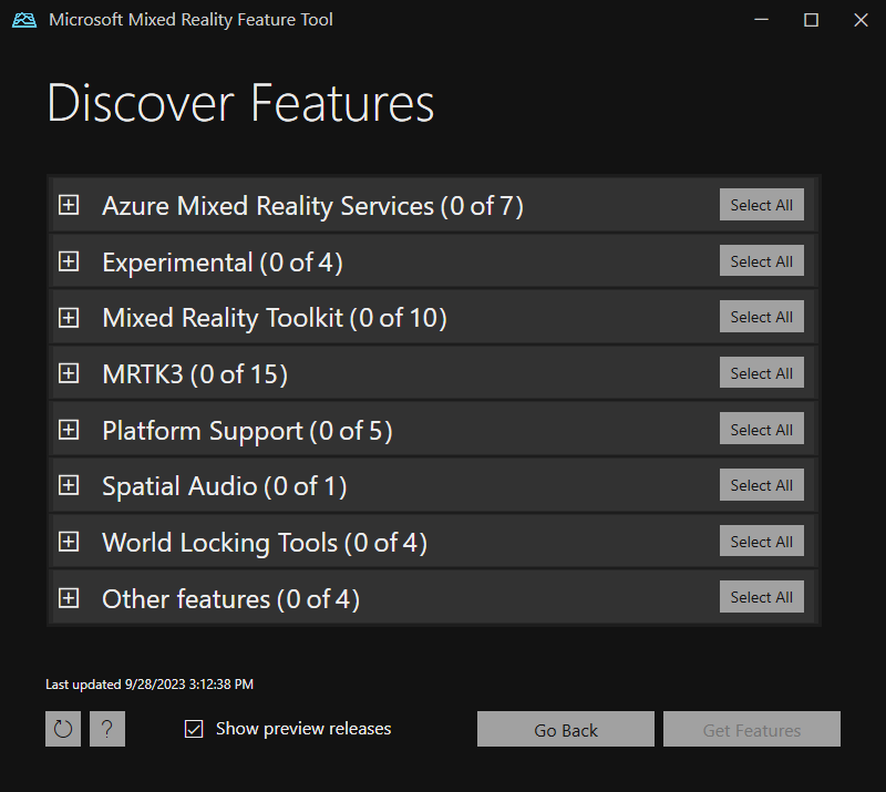 Screenshot of the main groups of packages in the Mixed Reality Feature Tool.