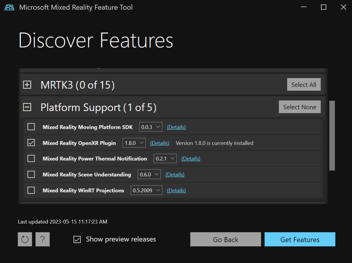 Screenshot of package selections in the Mixed Reality Feature Tool.