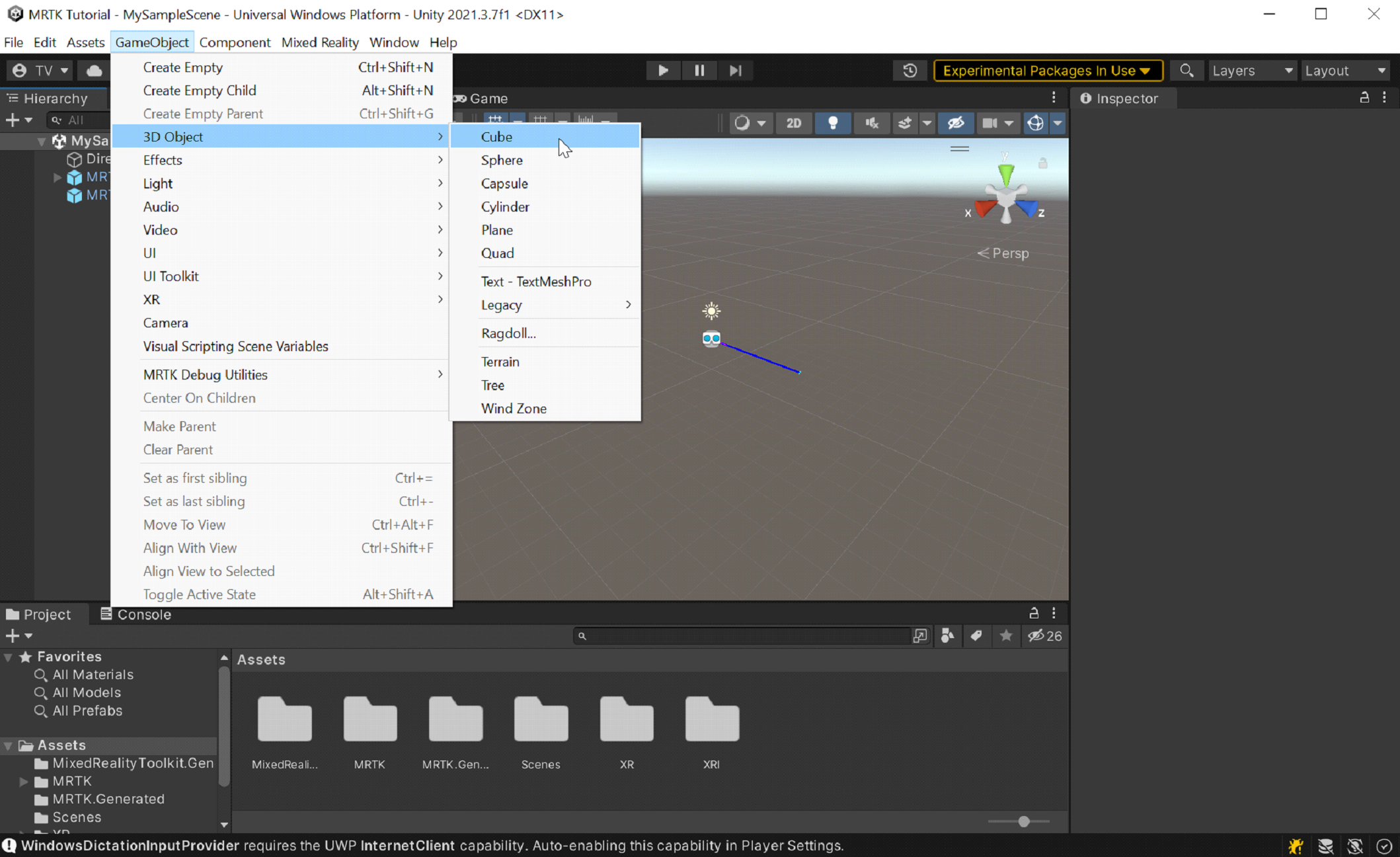 Screenshot of menu commands for adding the cube.