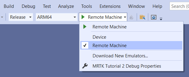 Screenshot of Visual Studio window with Remote Machine as the target.