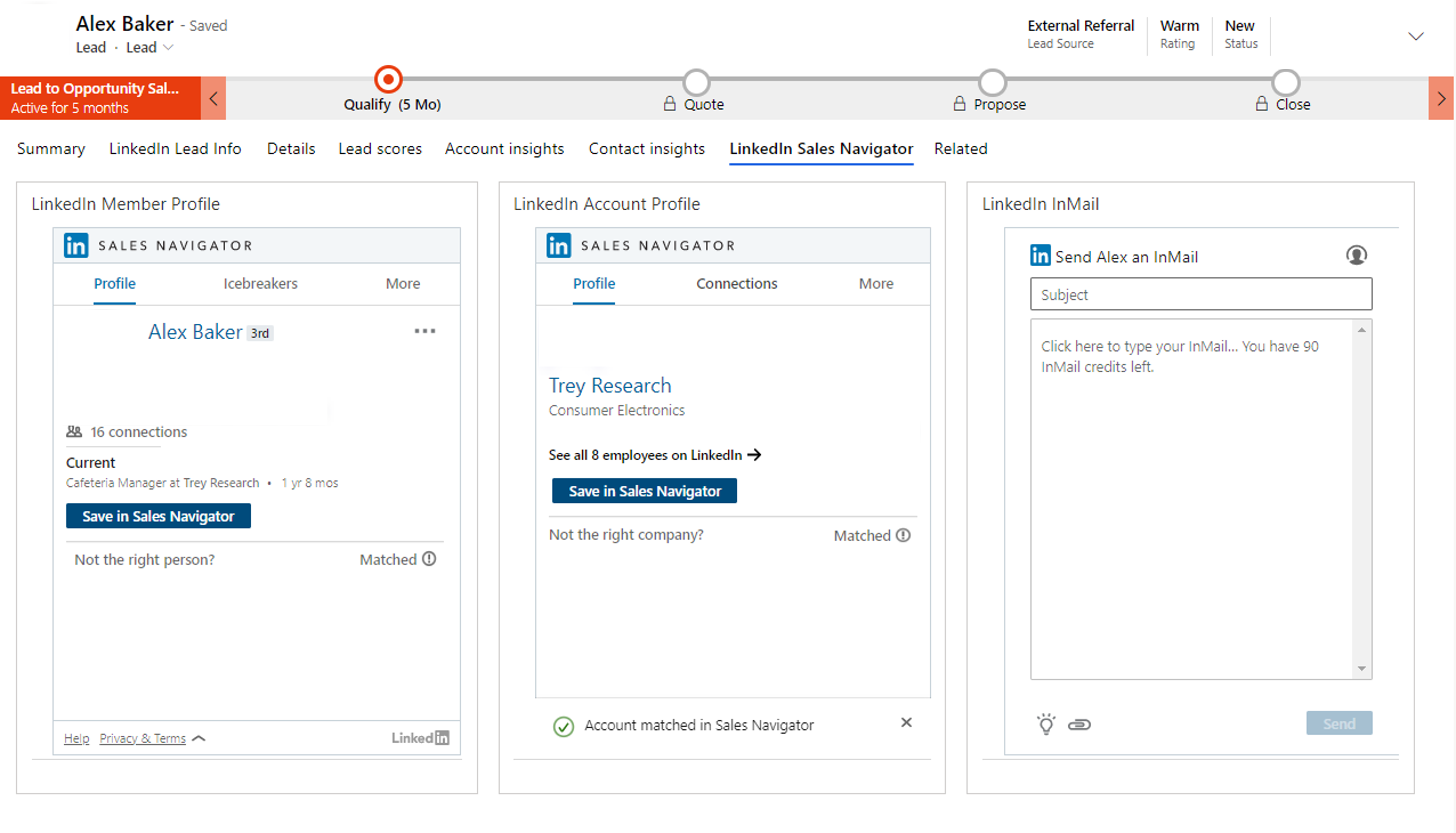 Screenshot of integrated LinkedIn Sales Navigator inside Dynamics 365 Sales.