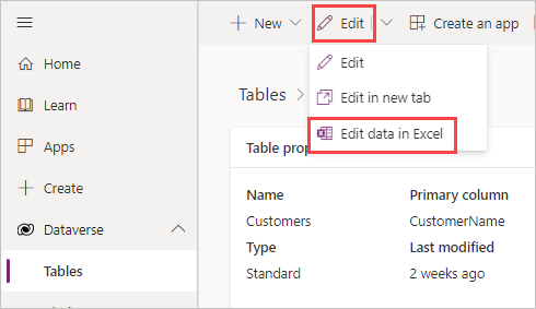 View of command bar showing Edit and Edit data in Excel highlighted.