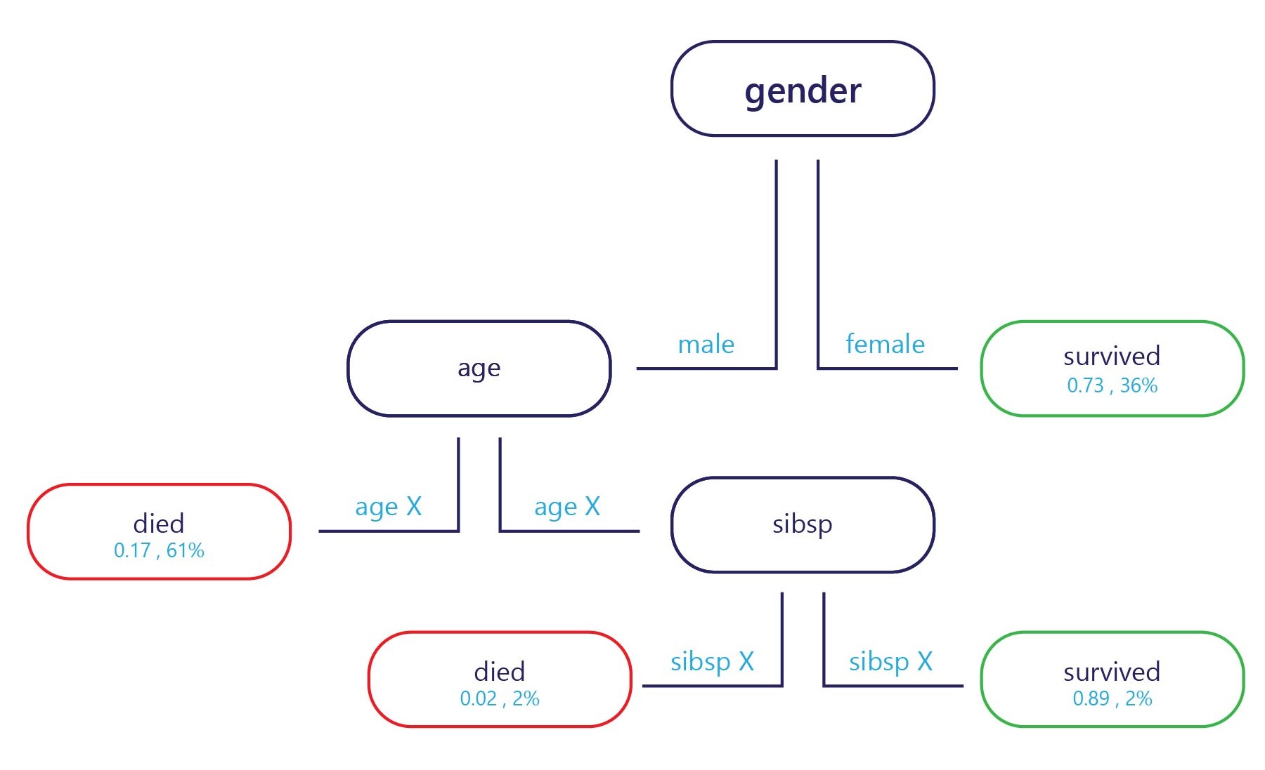 Diagram showing a decision tree of gender, age, and survival rate.