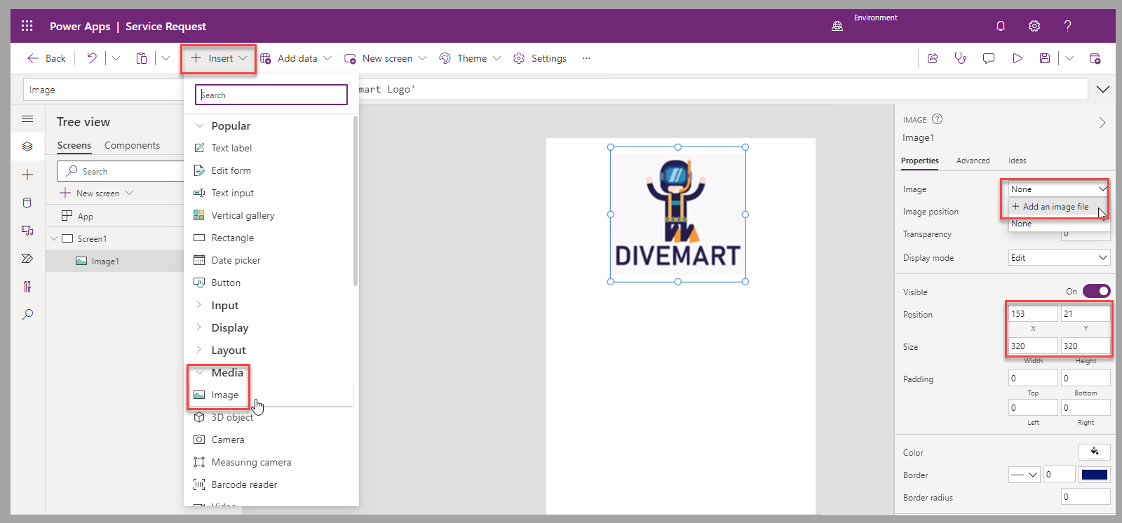 Screenshot of the canvas app studio. Focus is on the Image control and the properties for the control.