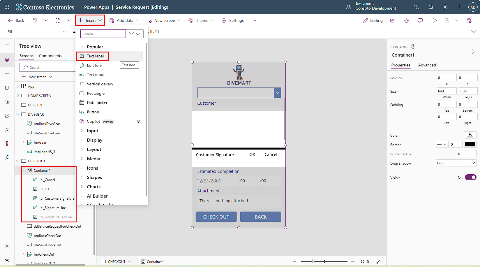 Screenshot of the canvas app studio. Focus is on the Text label control and the multiple label controls of a screen.