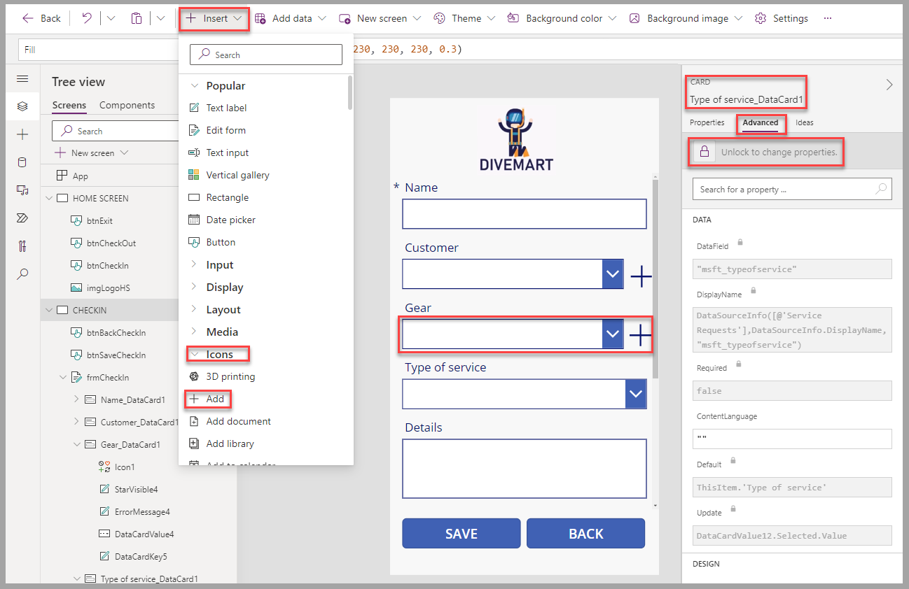 Screenshot of the canvas app studio. Focus is on the Icons control and the properties of the control.