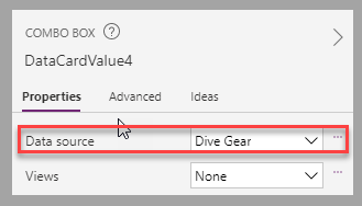 Screenshot of the canvas app studio. Focus is on the Data source property of a combo box.