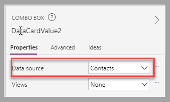 Screenshot of the canvas app studio. Focus is on the Data source property of the combo box.