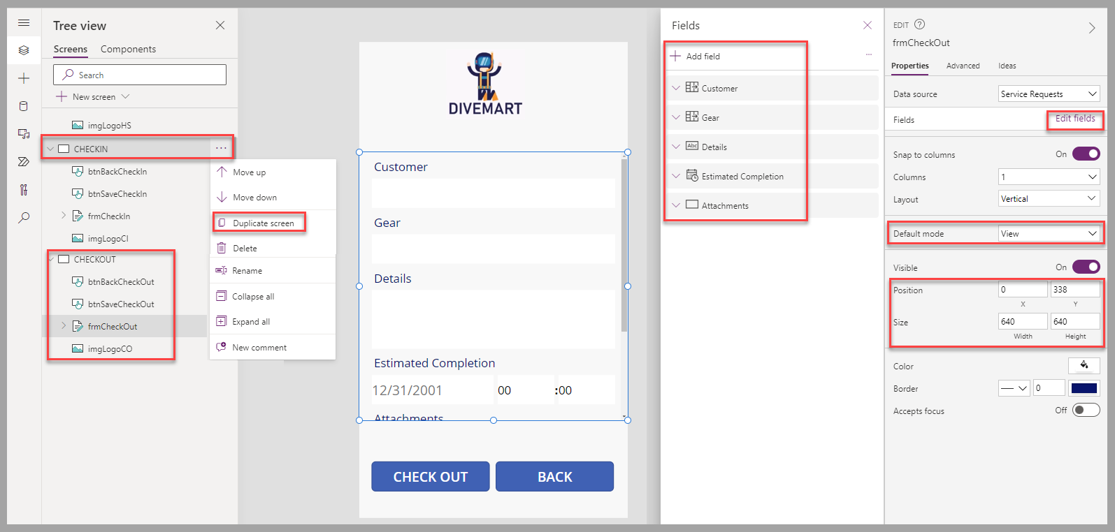 Screenshot of the canvas app studio. Focus is on the properties for a form control and the renamed components of a screen.