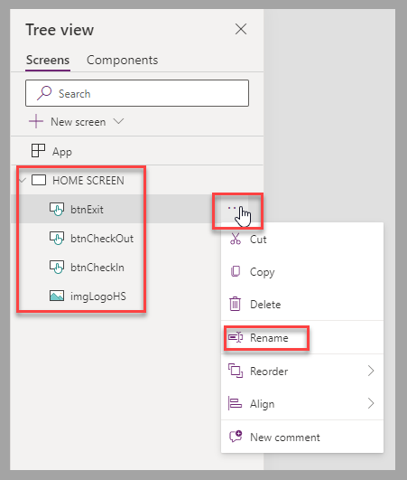 Screenshot of the canvas app studio. Focus is on the Rename option for the screen components.
