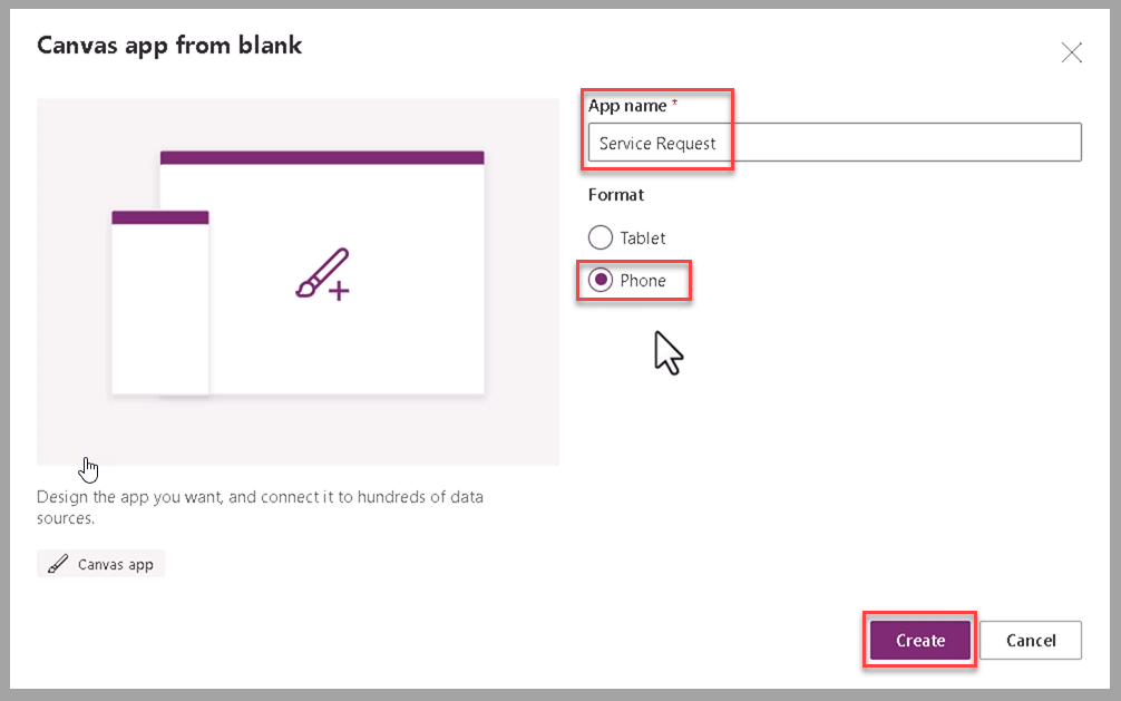 Screenshot of the new canvas app from blank form. Focus is on app name, phone format, and the Create button.
