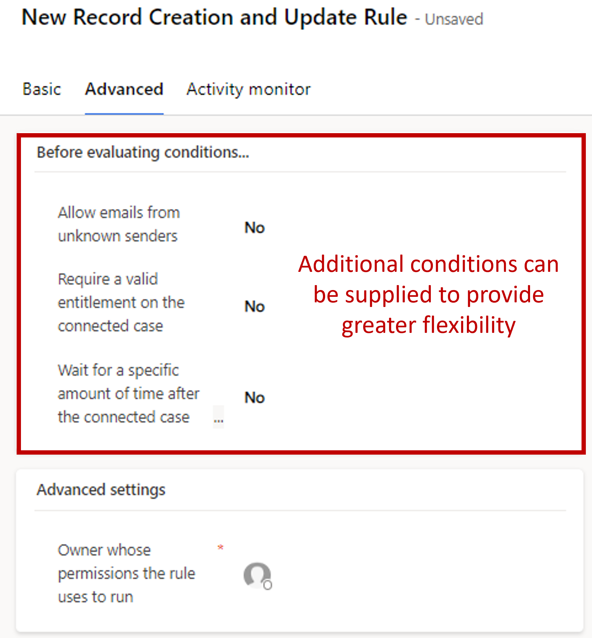 Screenshot of the New Record Creation and Update Rule page, showing the Advanced tab.