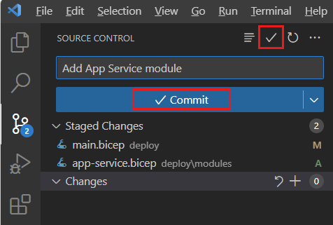 Screenshot of Visual Studio Code that shows Source Control, with the commit icon highlighted.