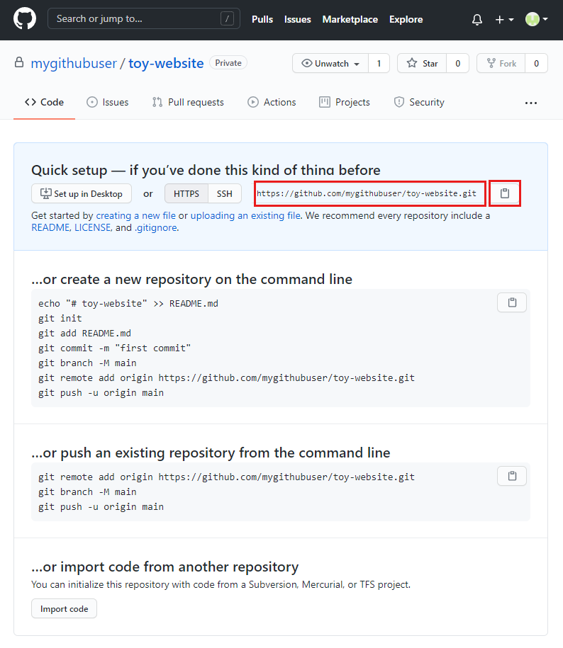 Screenshot of the GitHub interface that shows the new repository's details, with the repository's URL highlighted.