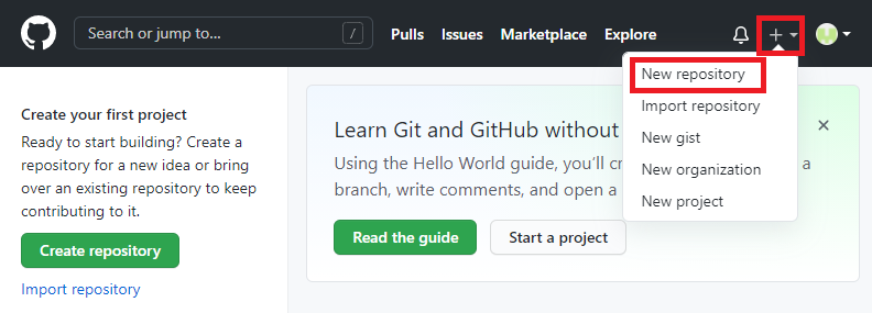 Screenshot of the GitHub interface that shows the menu for creating a new repository.