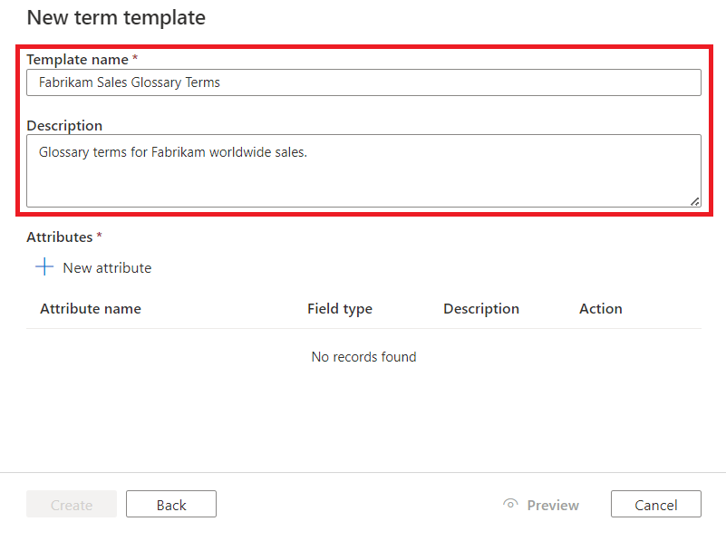 Screenshot of new term template page with the template name and description boxes highlighted.