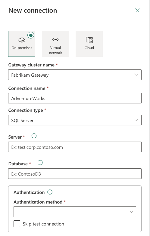 Screenshot that shows creating a new connection on the gateway.