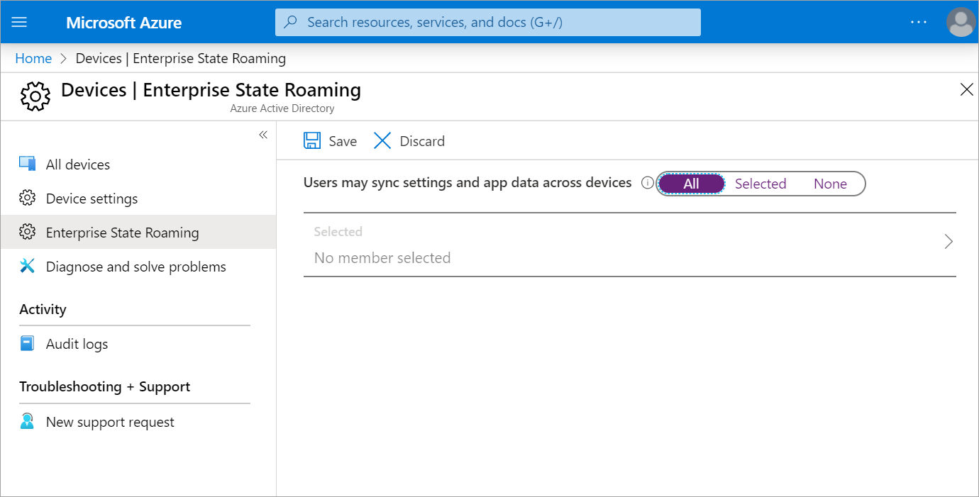 Screenshot of Enterprise State Roaming options in the Azure portal.