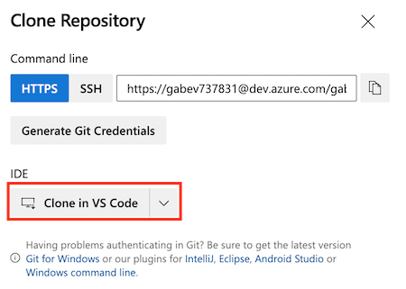 Screenshot of Azure DevOps that shows the repository settings, with the Clone in VS Code button highlighted.