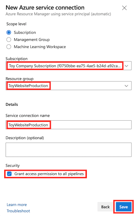 Screenshot of Azure DevOps that shows the New Azure service connection pane for the production environment, with the details completed and the Save button highlighted.