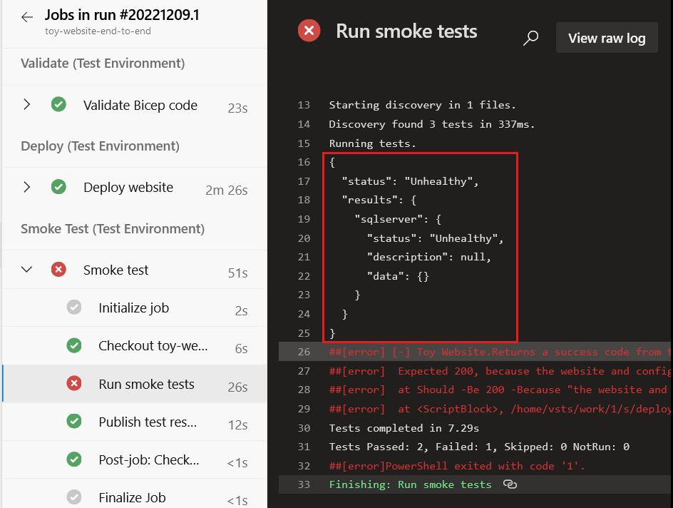 Screenshot of Azure DevOps showing the pipeline run log, with the output of the smoke test displayed. The JSON health test result is highlighted.
