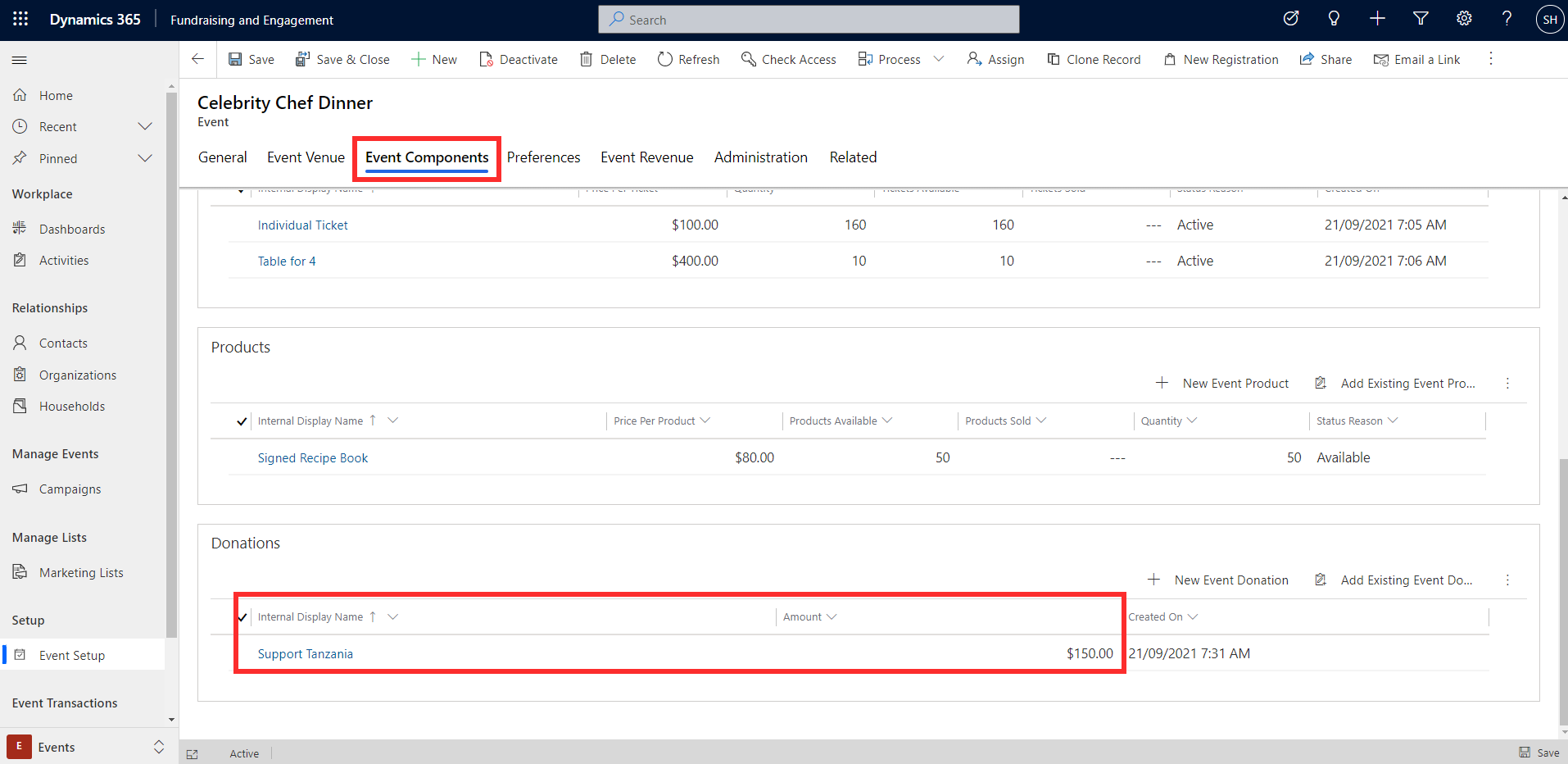 Screenshot of the donations section on the event components tab.