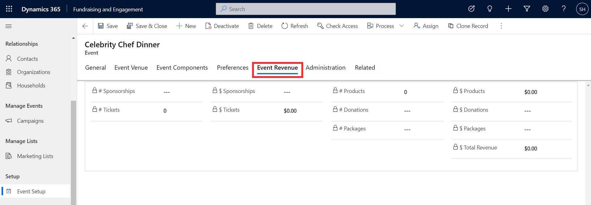 Screenshot of the event revenue tab.